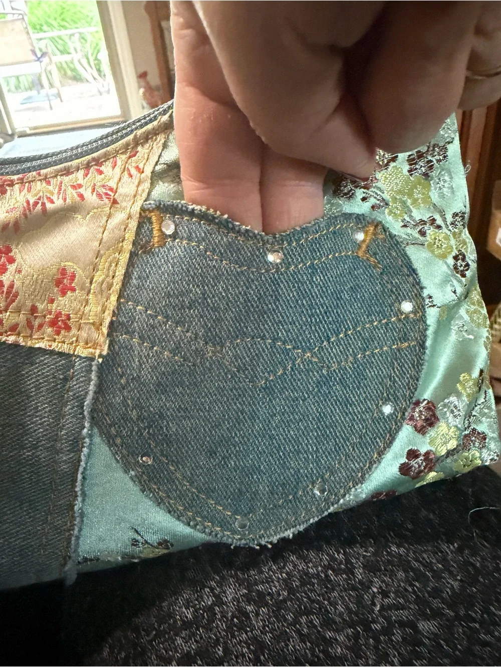 Patchwork Heart Denim Bag in Sage Green and gold accent colors.